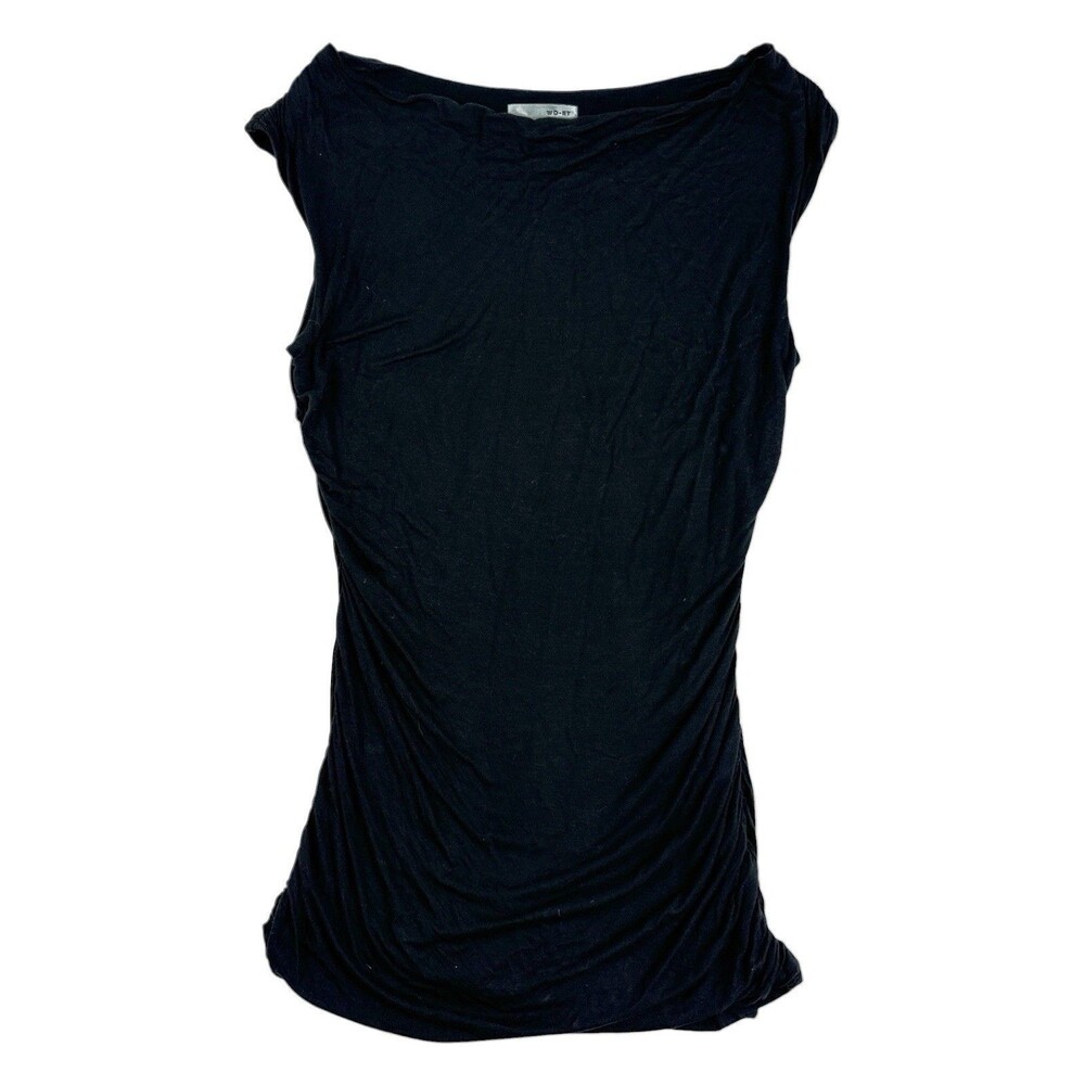 WD.NY Black Ruched Mini Dress Women’s Large Stretch Boat Neck Cap Sleeve - Picture 2 of 6